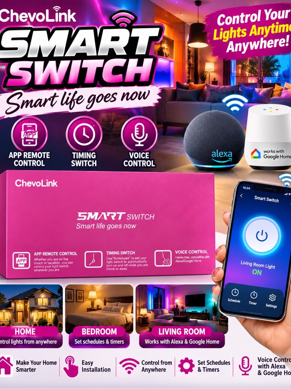 ChevoLink Smart Switch - Pink Smart Home Lighting Controller